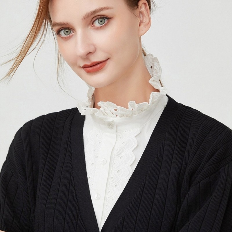 Dasbsug Áo Sơ Mi Trắng Thời Trang Nữ Thanh Lịch Xù Ren Nửa Áo Cổ Giả Crop Top