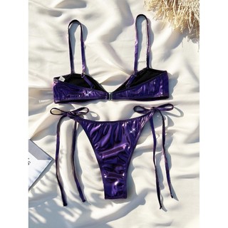 Đồ Bơi Nữ Màu Tím Bronzing Dệt Bandeau Cốc Nhỏ Hai Mảnh Bikini Đồ Bơi