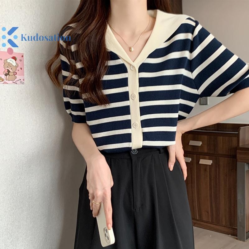 Kudosation Nữ Áo Cổ Hải Quân Màu Sọc Tay Ngắn Cổ Chữ V Áo Thun Đẹp