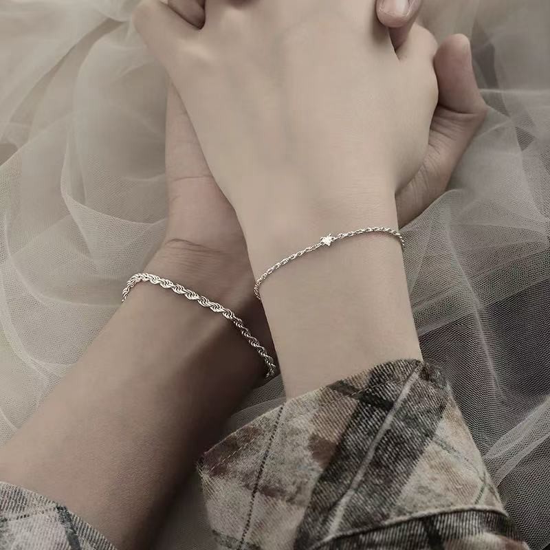 S925 Bạc Yixinyiyi Cặp Đôi Vòng Tay Nam Nữ Trái Tim Tình Yêu Kim Cương Đơn Giản Trơn Dây Xích Vòng Tay Kỷ Niệm Quà Tặng