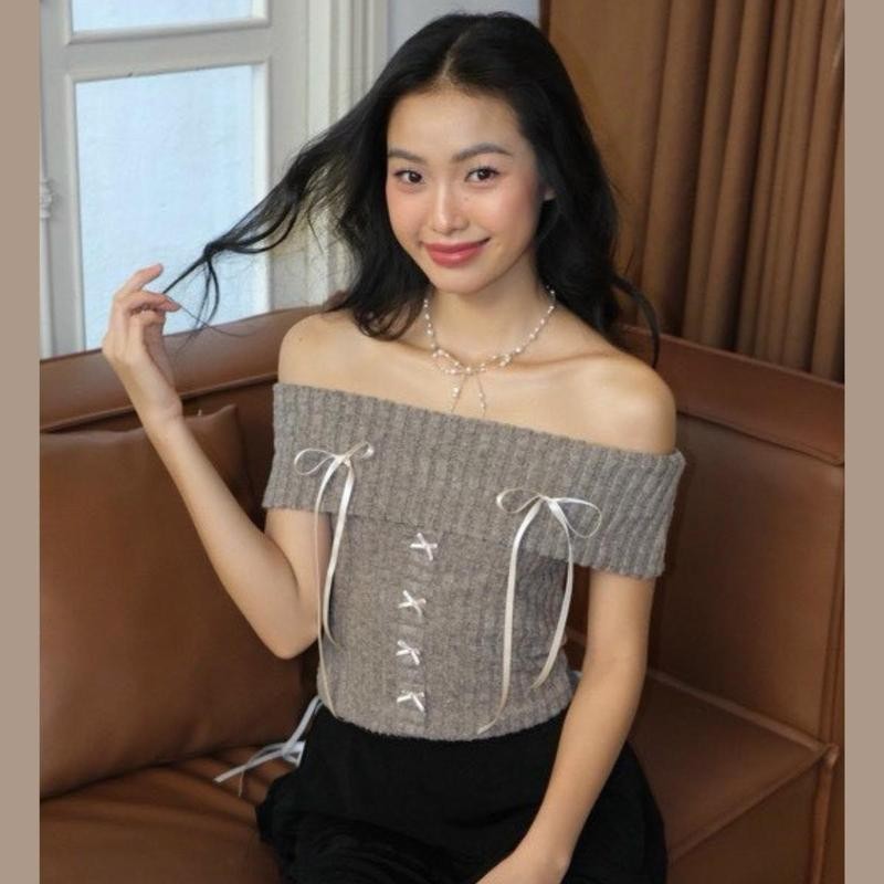 Áo Nữ Kiểu Trễ Vai Đính Nơ PINKSTORE29 Phong Cách Coquette A51092
