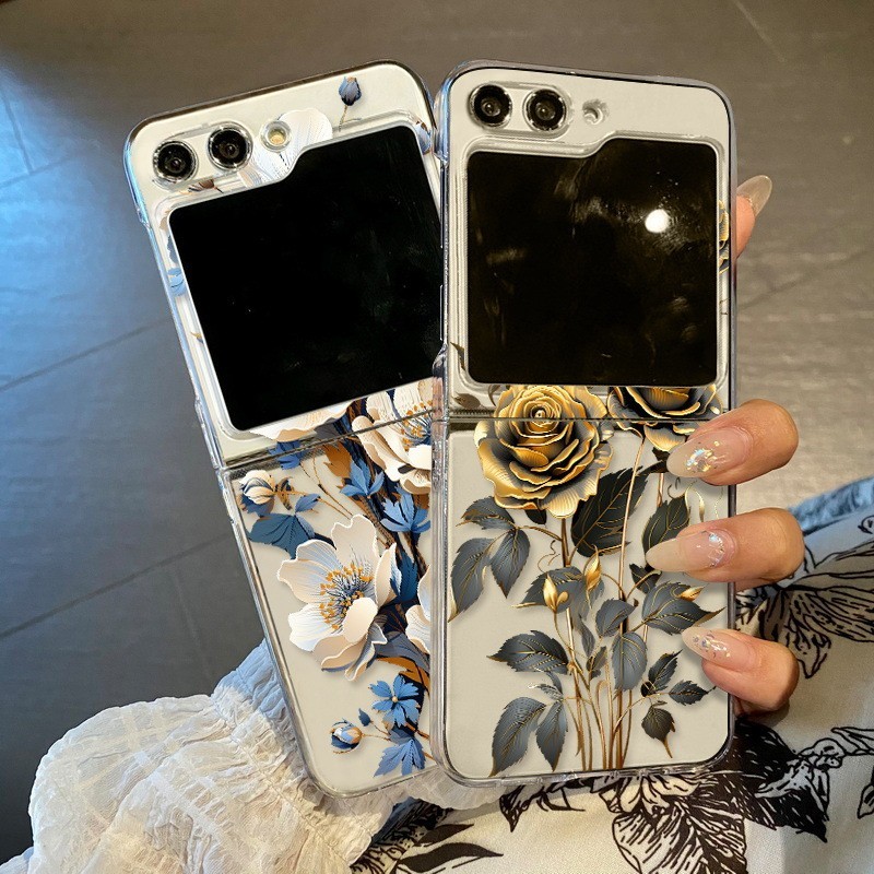 Ốp điện thoại PC cứng siêu mỏng họa tiết hoa trong suốt cho Samsung Galaxy Z Flip 5 Flip 3 Flip 4 Ốp lưng in hình mỏng mờ chống sốc Flip5