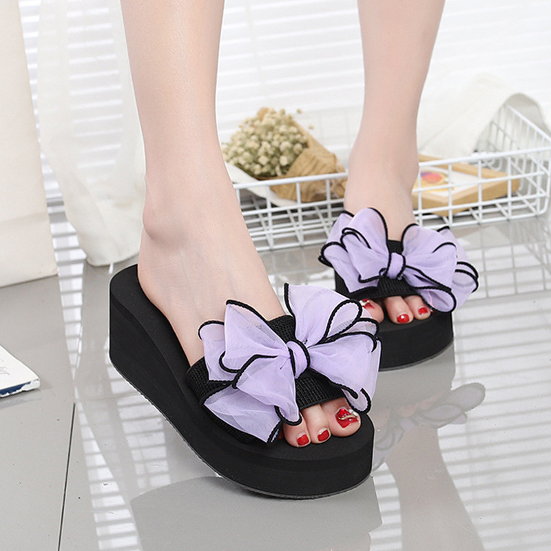 Xăng đan Nữ Nơ Mùa Hè Dép Trong Nhà Ngoài Trời Đi Biển Giày Nữ Mùa Hè Dép Lật Đế Dày 4cm