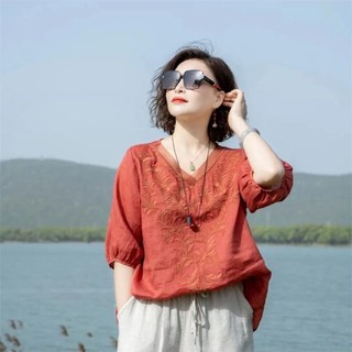 Mùa Hè Mới Thêu Ramie Đa Năng Thời Trang Cotton Và Vải Lanh Áo Sơ Mi Top Retro Áo Sơ Mi Nữ Tay Ngắn Nữ