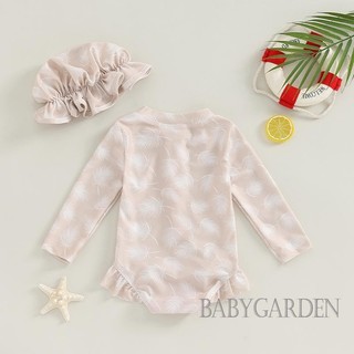 Baga-6m-3y Đồ bơi bé gái cổ tròn in hoa Zip Áo liền quần dài tay phía trước + Mũ bơi 3D Nơ Bộ đồ tắm
