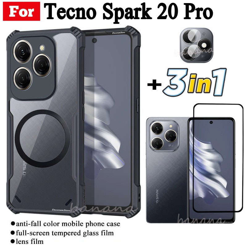 Ốp điện thoại chống sốc 3 trong 1 Tecno Spark 20 Pro có nhãn dán sạc không dây từ tính cho Tecno Spark 20 20C Bảo vệ toàn diện Kính cường lực + Phim ống kính