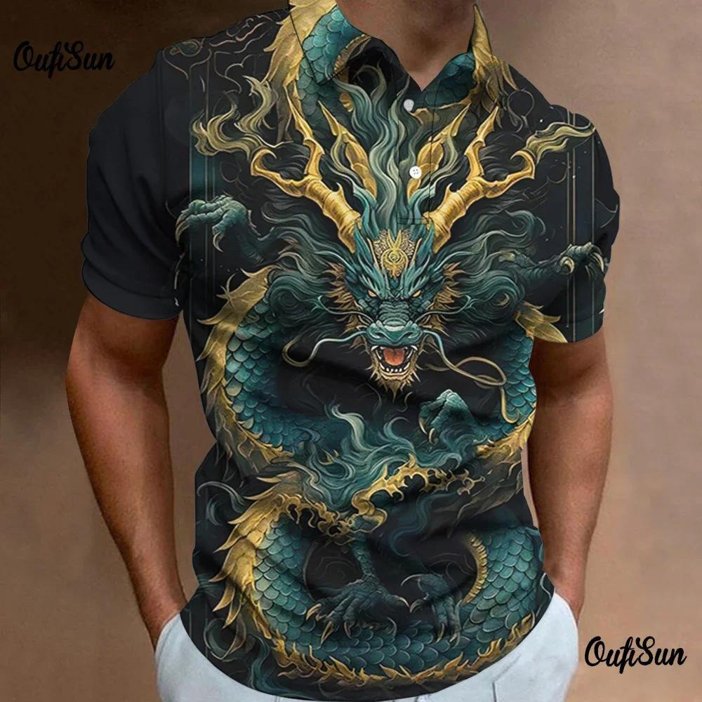 Áo polo nam có cổ họa tiết rồng 3D, tay ngắn, oversized, áo thun nam có nút, áo sweatshirt thường ngày cho nam, áo động vật