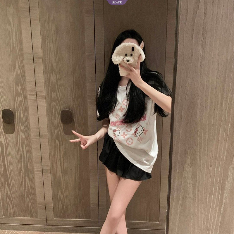 Phim hoạt hình Hello Kitty In Áo thun ngắn tay dáng rộng Nữ mùa hè Áo đa năng Dopamine ngọt ngào và đáng yêu [BL]