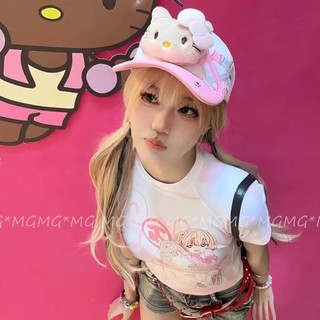 Mũ bóng chày HelloKitty bằng da nâu y2k Hot Girl Hat Nữ