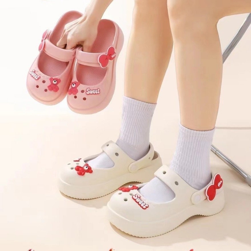 sục cross dép cho bé gái xinh xắn siêu nhẹ chống trơn trượt QCCC từ 2 tuổi nơ gấu hồng, trắng 1017
