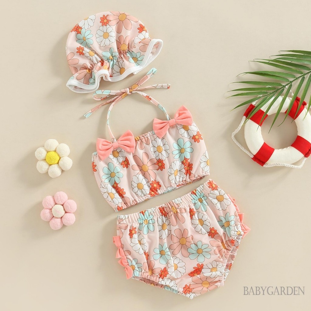Baga-0-24 Tháng Tuổi Bé Gái 3 Bộ Bikini In Hoa Dây Áo + Quần Short + Mũ Bơi Đồ Bơi