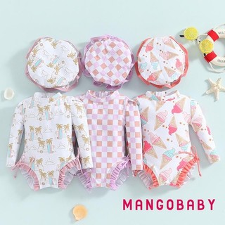 Mg-baby Girl Rash Guard Đồ bơi dài tay in hoa / kem Bộ đồ tắm cho trẻ sơ sinh Đồ bơi có mũ chống nắng