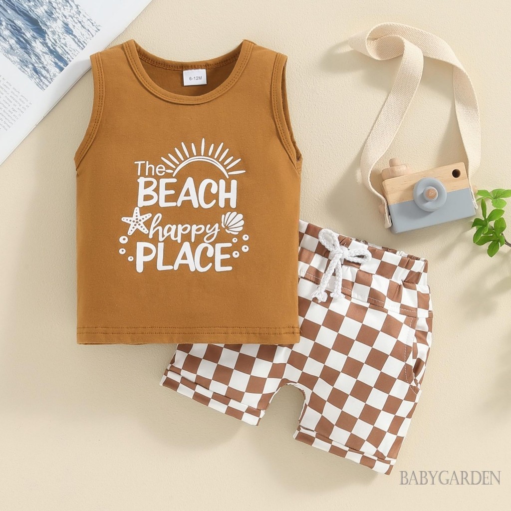 Baga-6 Tháng-4 Tuổi Bé Trai Bộ Chữ In Hình Ô Tô Áo Tank Không Tay + Checkerboard Quần Short Eo Co Giãn Mùa Hè
