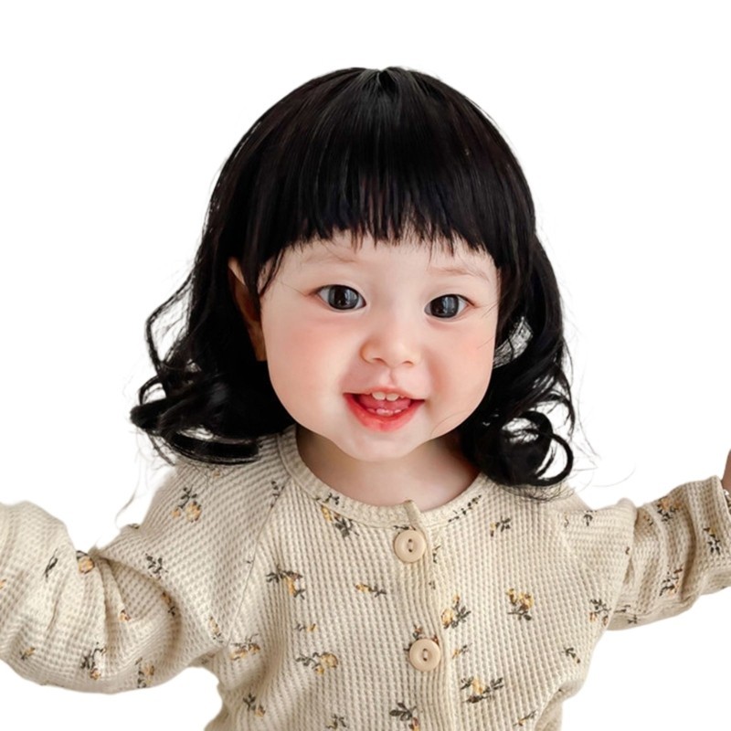 Dasbsug Thời Trang Trẻ Em Mũ Tóc Bé Gái Tóc Ngắn Trẻ Em Xoăn Tóc Giả Mũ Ảnh