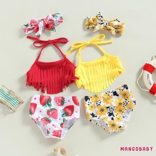 Mg-toddler Bé Gái 3 Mảnh Đồ Bơi Tua Rua Màu Trơn Áo Dâu / In Hoa Quần Short Băng Đô Chia Bộ Đồ Tắm Đồ Bơi