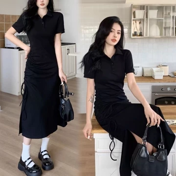 【Bess's house】váy body dáng dài,váy dáng dài,váy bigsize nữ,Váy đen cổ POLO, váy dài dáng ôm kiểu Pháp Hepburn, thắt lưng mùa hè nữ thắt chặt, giảm béo và giản dị,váy sang chảnh,Váy Liền,đầm t