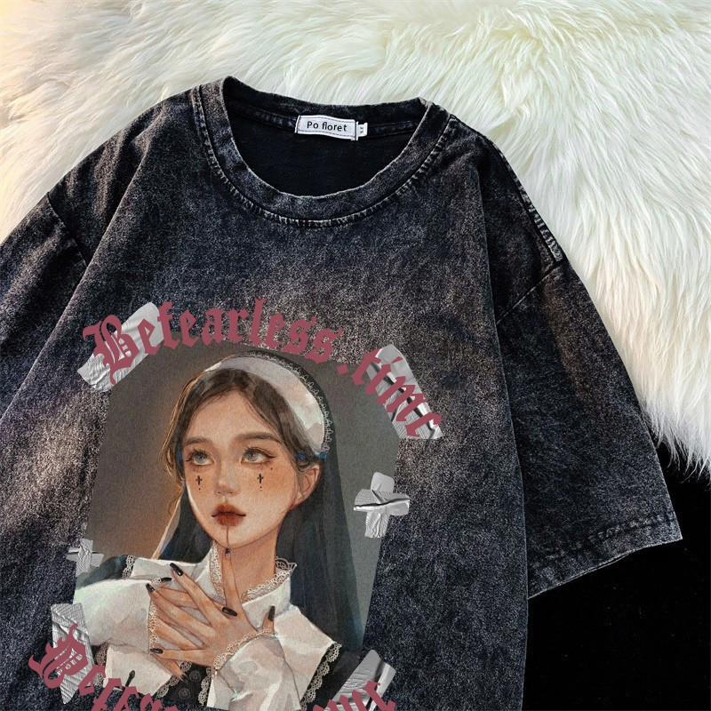 Áo thun 100% cotton, phong cách hip hop Mỹ, retro, in đơn giản, áo thun unisex, áo đôi