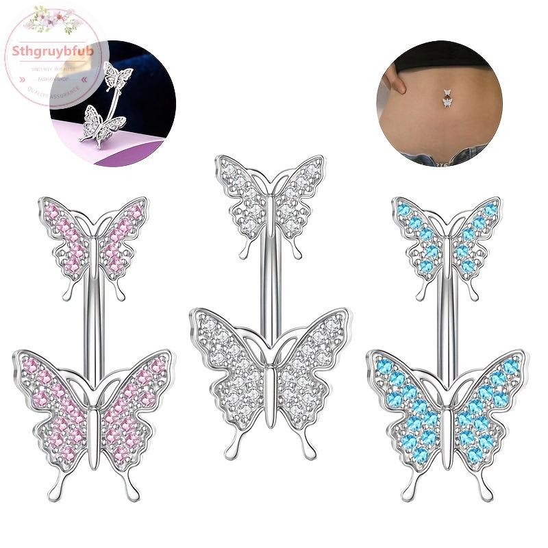 Sthb Thép không gỉ Hai Đầu Bướm Zircon Xuyên Bụng Giả Nút Nhẫn Trang Sức Cơ Thể Cho Nữ Đồ Trang Trí VN