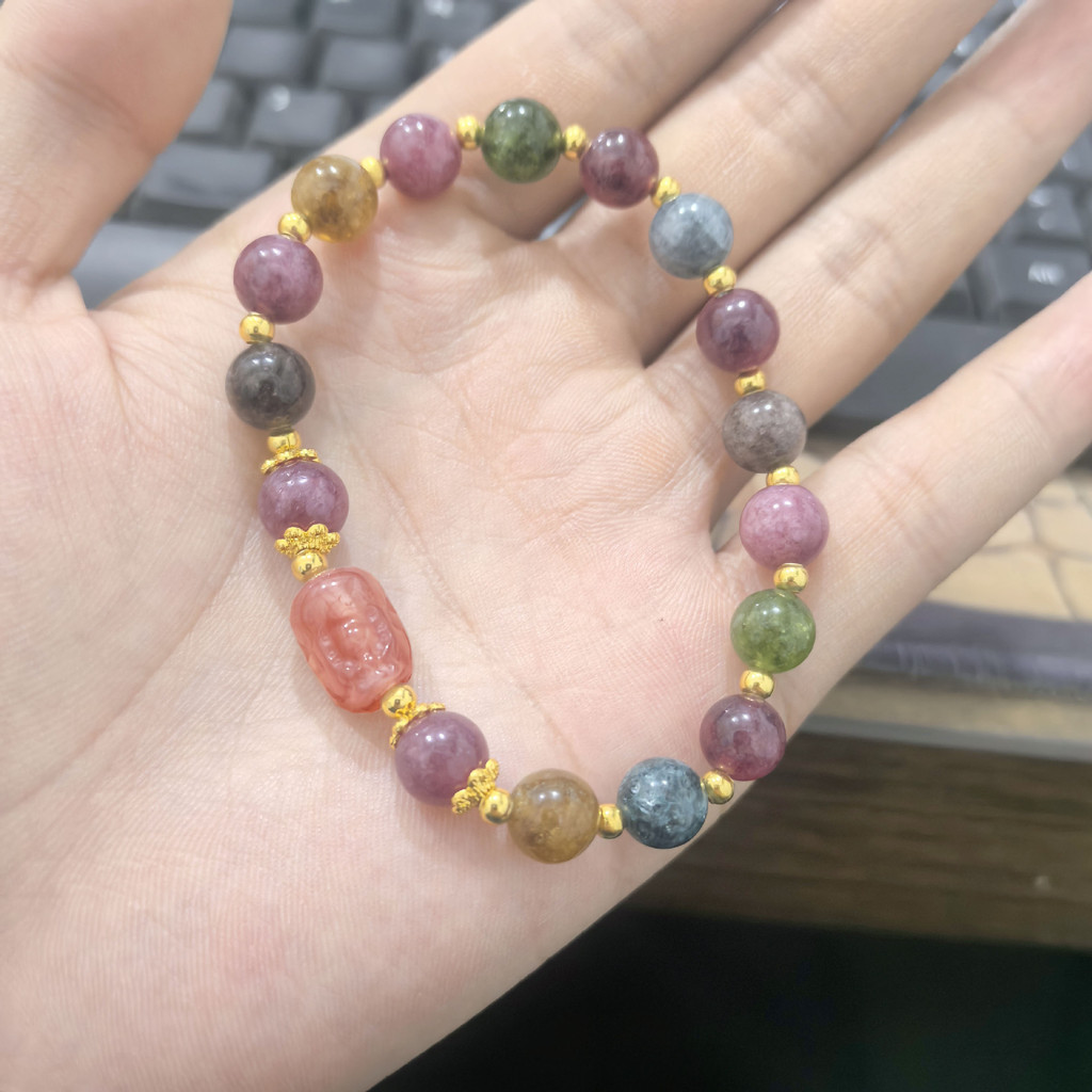 Nhiều Màu Sắc Tourmaline Pixiu Vòng Tay Cho NữLight Sang Trọng Niche Giả Dâu Thạch Anh Pixiu Giàu Có Đá Vòng Tay Nữ