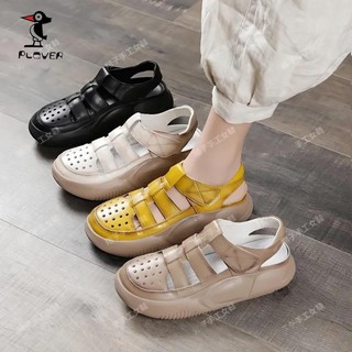 Plover Năm Da Thật Chính Hãng Hai Cánh Lỗ Giày Nữ Đế Dày Mũi Tròn Retro Đế Mềm Dép PLOVER Năm Da Thật Thật Giày Hai Cánh Đế Dày Mũi Tròn Retro