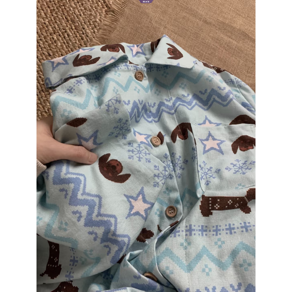 Bộ đồ ngủ dễ thương Isle Dachshund dành cho nữ Xuân Thu 2025 Quần dài tay mới Bộ đồ mặc nhà [BL]