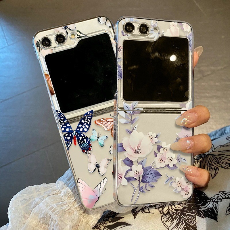 Ốp điện thoại PC cứng siêu mỏng họa tiết hoa trong suốt cho Samsung Galaxy Z Flip 5 Flip 3 Flip 4 Ốp lưng in hình mỏng mờ chống sốc Flip5