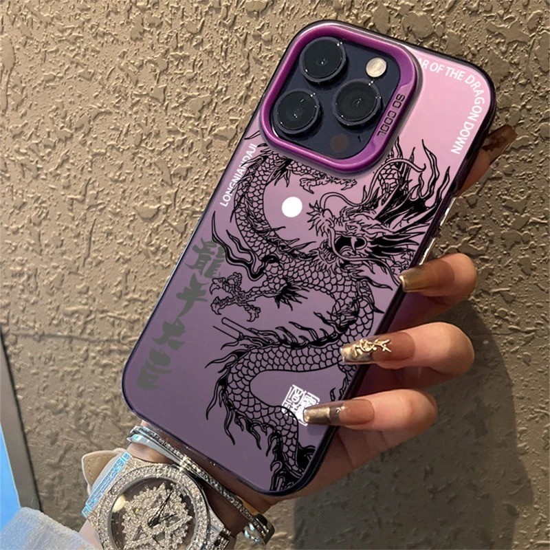 Ốp Lưng Mạ Điện Mờ Màu Rồng Sang Trọng Cho iPhone 15 14 13 12 11 Pro Max X XR XS Max 7 8 Plus SE2 Vỏ Cứng Mờ Laser Chống Sốc