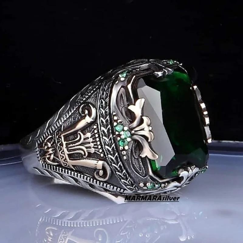 Vintage Kim Loại Craftsman Khắc Ký Nhẫn Xanh Zircon Nam Sang Trọng Nhẫn Cá Tính Vintage Punk Nhẫn Tiệc Trang Sức Kinh Doanh