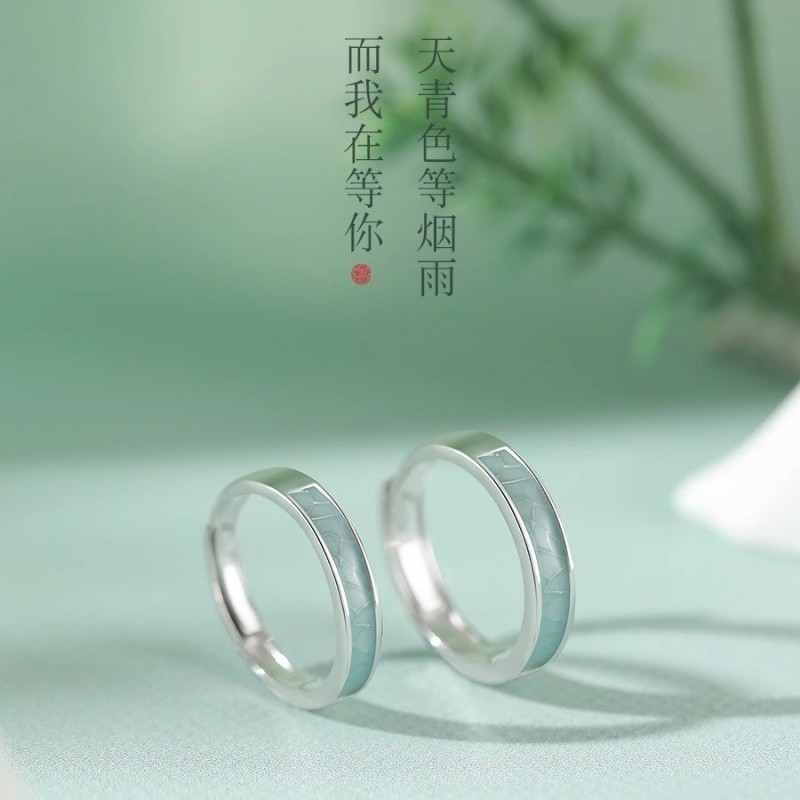 Đơn giản S925 Bạc Xanh Trắng Sứ Cặp Đôi Nhẫn Mở Có Thể Điều Chỉnh Nam Nữ Nhẫn Cặp Đôi Quà Tặng