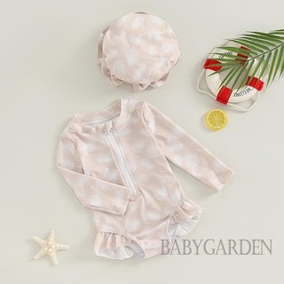 Baga-6m-3y Đồ bơi bé gái cổ tròn in hoa Zip Áo liền quần dài tay phía trước + Mũ bơi 3D Nơ Bộ đồ tắm