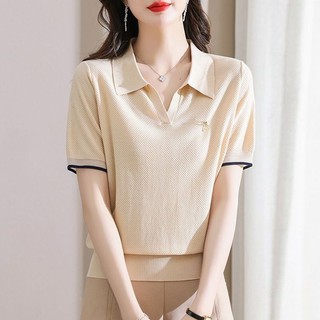 Tay Ngắn Cổ Áo polo Nữ Áo Thun Nữ Tay Ngắn Mùa Hè 2024 Phong Cách Mới Top Ve Áo Ice Silk Áo Len Mỏng Phong Cách