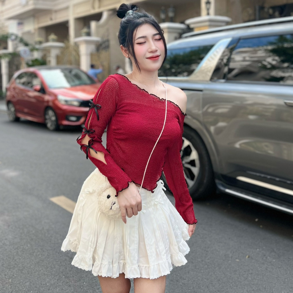 Áo kiểu lệch vai tay dài đính nơ  có lót ngực A5903