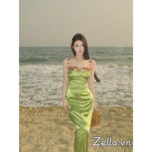 Phụ Nữ Sling Bodycon Đầm Dài Thêu Hoa Không Tay Spaghetti Dây Đeo Skinny Váy Cho Kỳ Nghỉ Đi Biển Mùa Hè