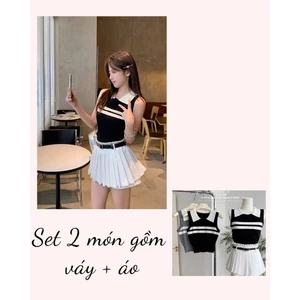 Set bộ 2 món váy+áo ghi lê ba lỗ kèm thắt lưng thiết kế chân váy xếp ly hack dáng trẻ trung năng động MT33 SP255