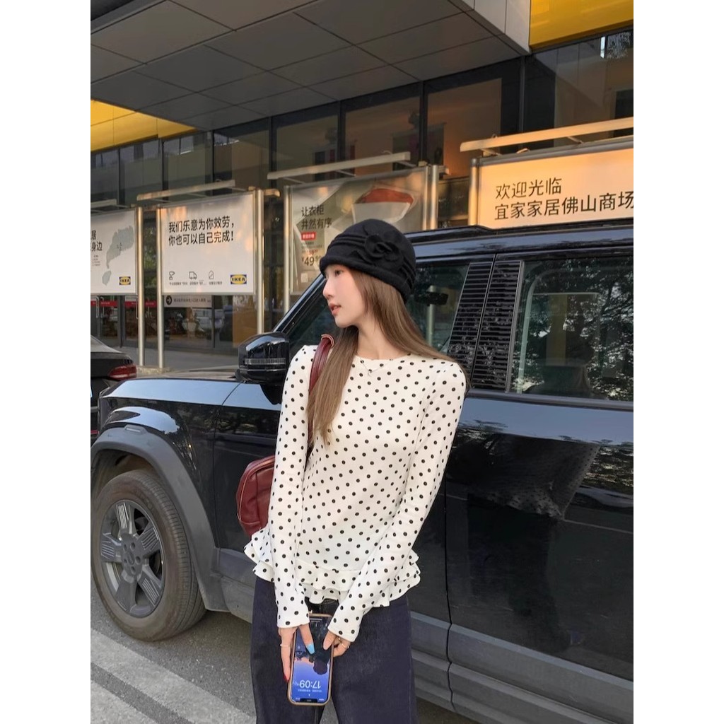SUXI Áo thun nữ cổ điển kiểu Pháp chấm bi thời trang đơn giản Slim Fit cổ tròn dài tay Áo thun nữ ren viền hàng đầu 250215
