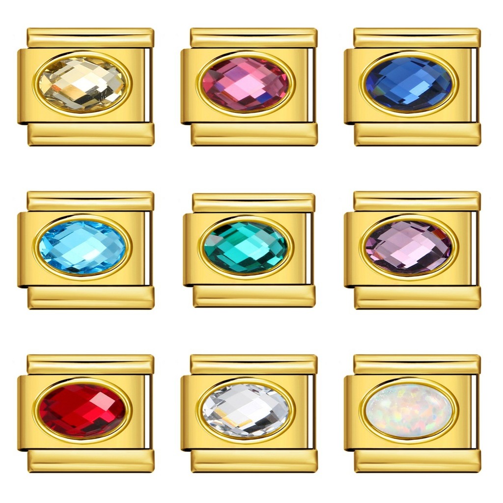 Nền Vàng Hình Bầu Dục Đá Ý Mô Đun Vòng Tay Birthstone Thép Không Gỉ DIY Thời Trang Đa Năng Vòng Tay Phụ Kiện