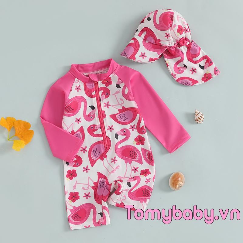 Đồ bơi dài tay cho bé gái Flamingo In nửa dây kéo không đóng cọc Rash Guard Đồ bơi + Bộ Sunhat