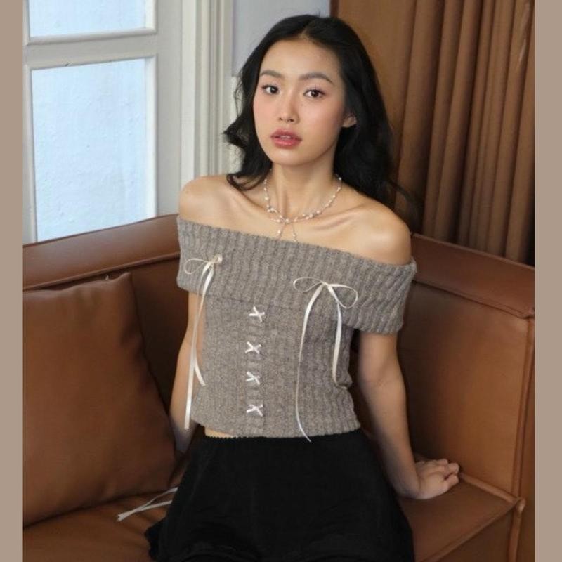Áo Nữ Kiểu Trễ Vai Đính Nơ PINKSTORE29 Phong Cách Coquette A51092
