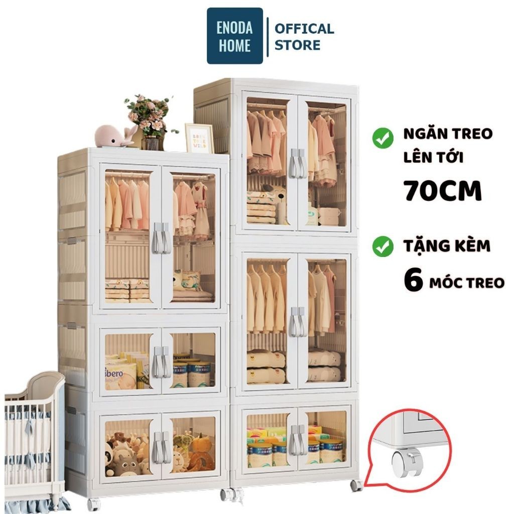 Tủ Đựng Quần Áo Cho Bé ENODA HOME, Tủ Quần Áo Có Ngăn Treo, Bánh Xe Xoay 360, Cửa Nam Châm Chống Bụi Hiệu Quả TUN043