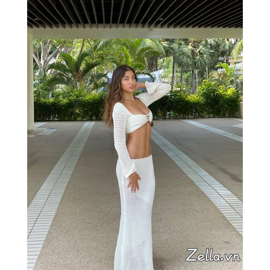 Phụ Nữ Y2K 2 Bộ Trang Phục Dài Tay Cổ Vuông Crop Tops + Váy Dệt Kim Dài Rỗng Cho Tiệc Đi Biển