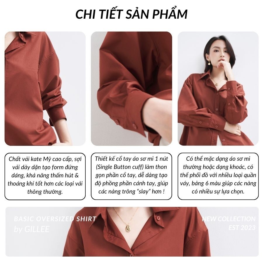 Mô tả Áo sơ mi nữ GILLEE dáng oversized, sơ mi trơn tay dài vải kate Mỹ màu đỏ gạch sang trọng quý phái FAS291 - 5