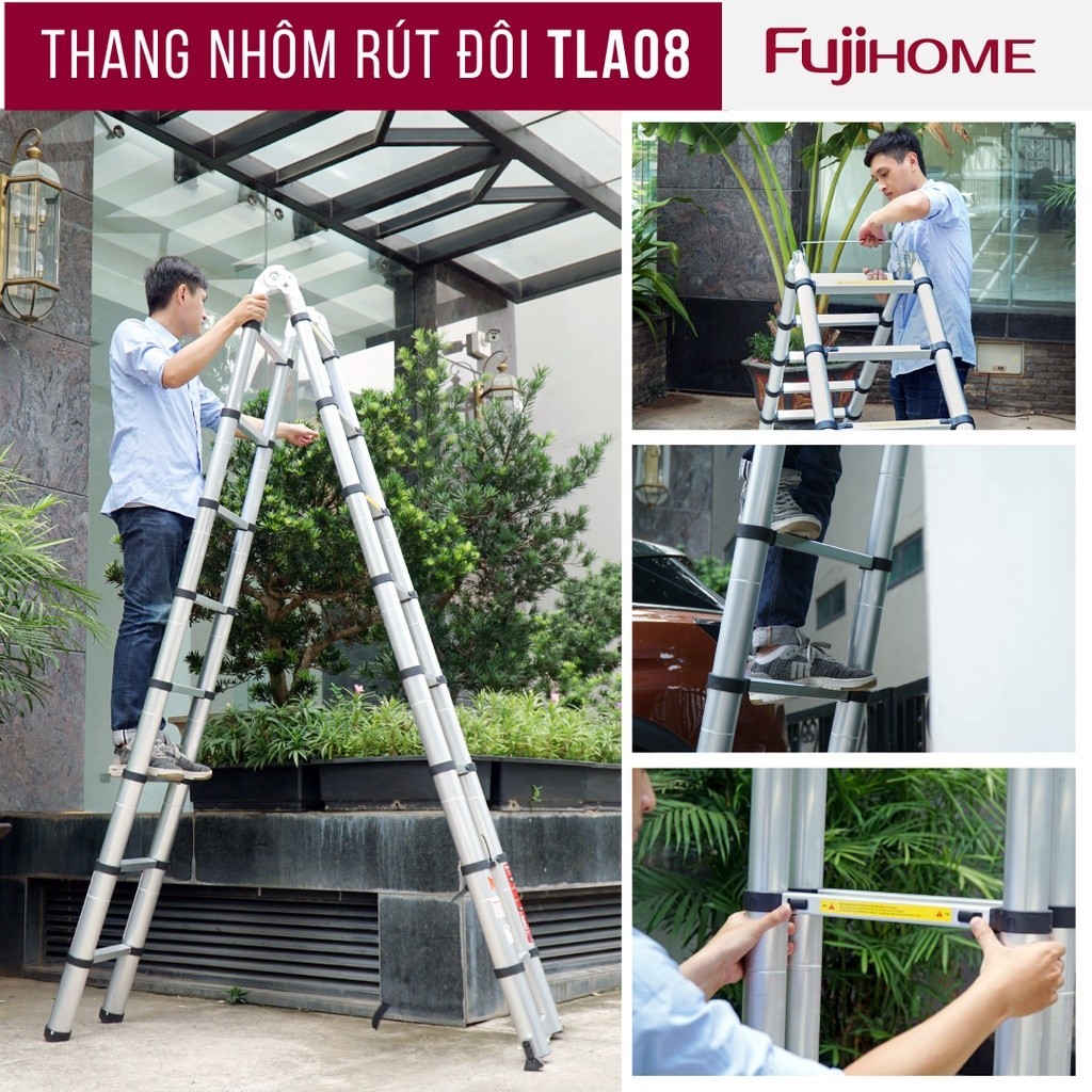 Thang nhôm rút đôi chữ A gấp gọn 4,4M - 5M FUJIHOME Nhập khẩu, thang rút đôi xếp gọn đa năng khoá chốt tự động an toàn