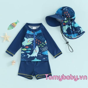 Bé Trai Rash Guard Đồ Bơi Dễ Thương In Hình Cá Dài Tay Zip Up Đồ Bơi Cho Trẻ Sơ Sinh 3 Bộ Đồ Tắm