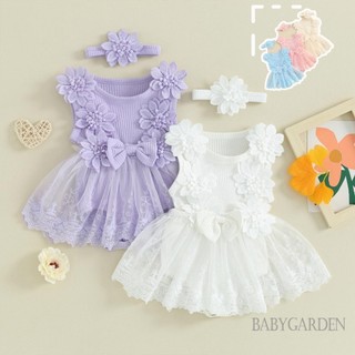 Baga-infant Bé Gái Mùa Hè Không Tay Cổ Tròn Tuyn Chắp Vá Ren Hoa Romper Có Băng Đô