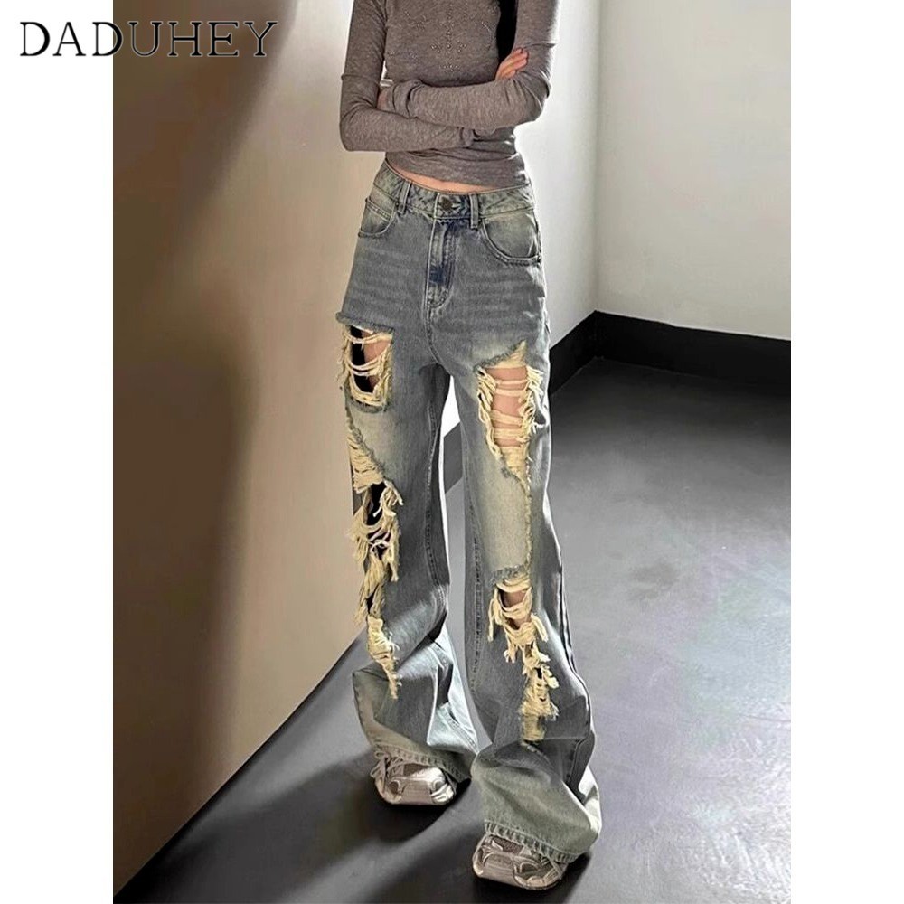 Ảnh DaDuHey New American ins high street retro embroidered jeans niche high waist wide leg pants plus size trousers 2