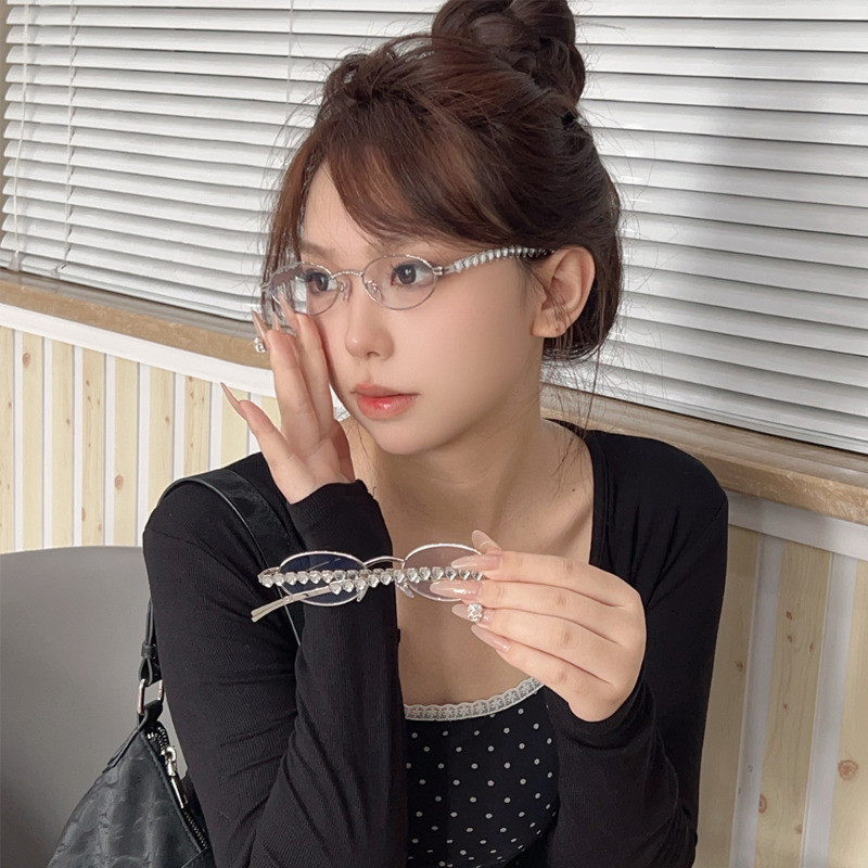 Kính hình bầu dục Heart Diamonds - Kính phẳng khung kim loại - Vintage, Y2k, Fashion - Kính mắt đọc sách - Kính mắt viền sang trọng - Kính mắt trang trí cho bé gái