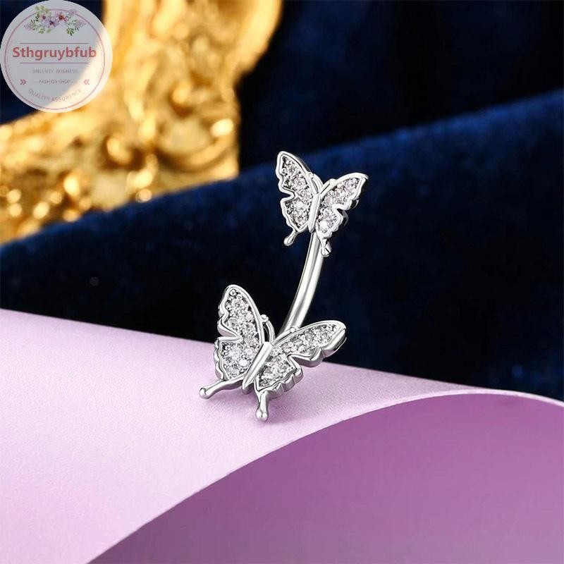 Sthb Thép không gỉ Hai Đầu Bướm Zircon Xuyên Bụng Giả Nút Nhẫn Trang Sức Cơ Thể Cho Nữ Đồ Trang Trí VN