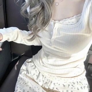 Áo thun babytee dài tay ôm body trắng kem 4 cúc ngực nữ xinh xắn