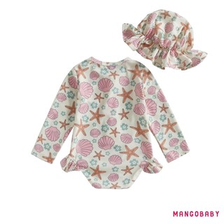 Mg-toddler Girls Rash Guard Đồ bơi có mũ 2 chiếc Bộ vỏ họa tiết sao biển có khóa kéo dài tay cổ tròn cho bé gái Đồ bơi