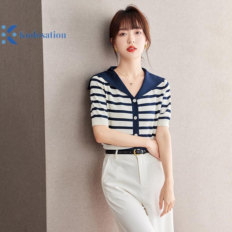 Kudosation Nữ Áo Cổ Hải Quân Màu Sọc Tay Ngắn Cổ Chữ V Áo Thun Đẹp